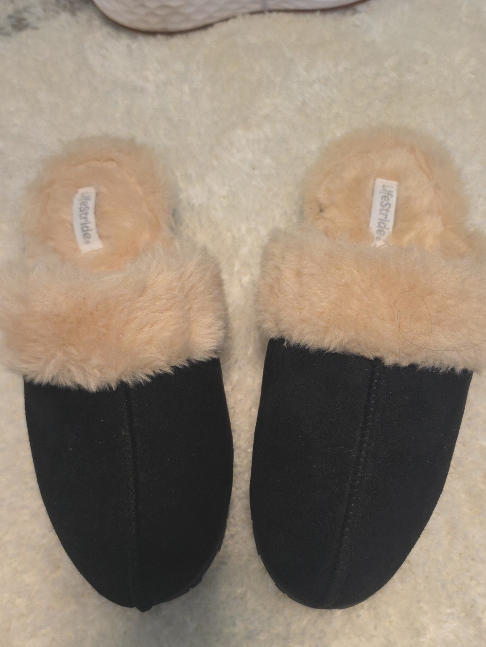 Life Stride Black Mules with Beige Faux-Fur Trim